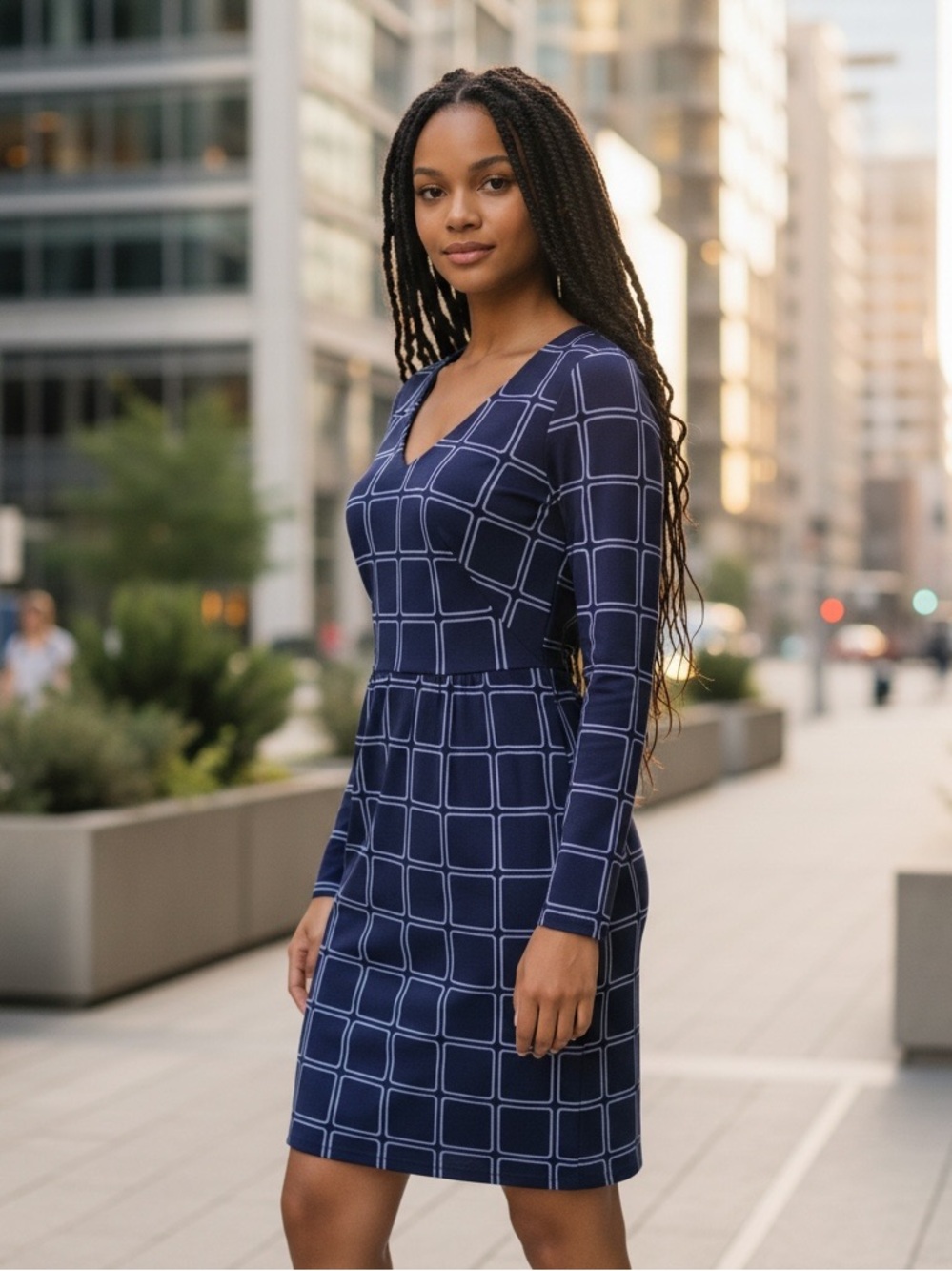Boden Navy Blue Grid Windowpane V-Neck Long Sleeve Jersey Dress Sz 10 Office EUC